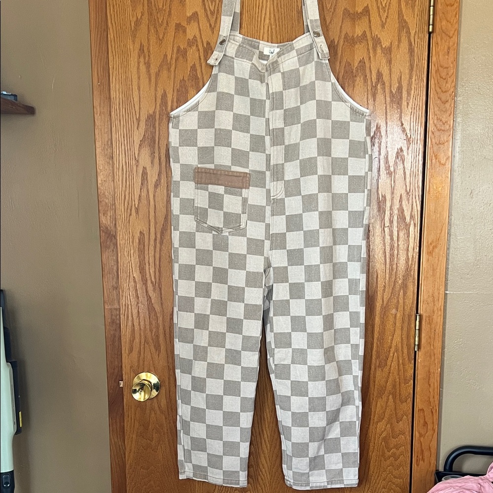 easel Beige and White Checkered Overalls Jumpsuit